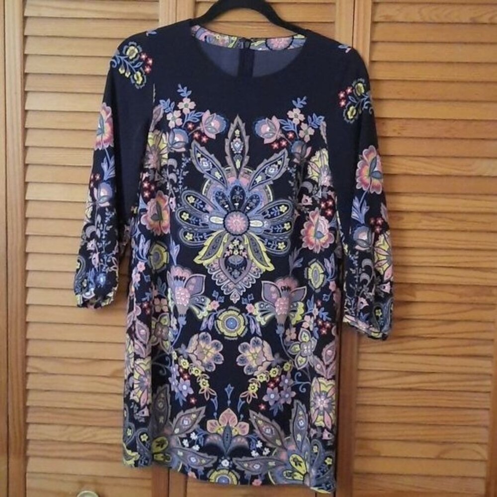 Loft Black Yellow Pink Blue Retro Floral Print Shift Dress Size XSmall